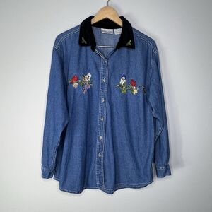 VTG Basic Editions Holiday Christmas Denim Jean Shirt Women’s Sz L Velvet Collar
